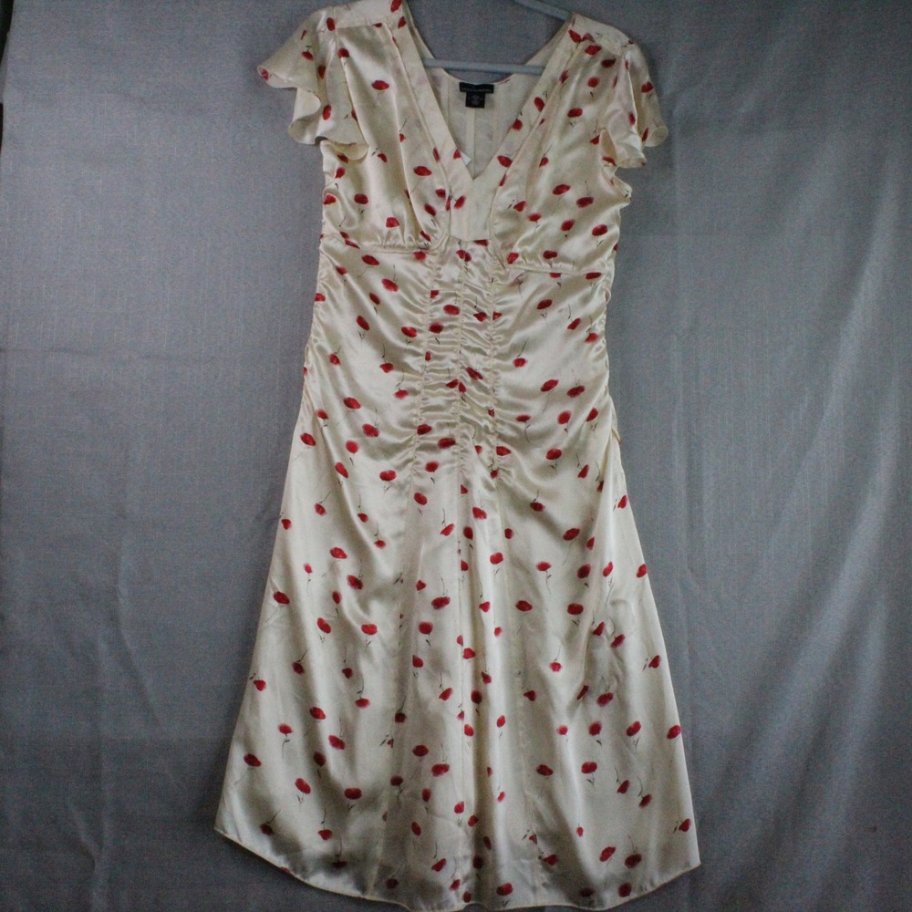 Vtg Moda International Silk Poppy Floral Ruched Midi Dress Sz 12 Cream Feminine